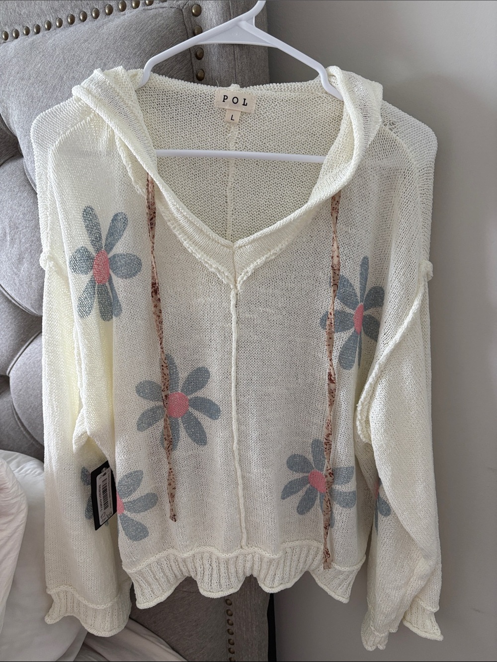 POL Daisy Knit Hoodie oversized Sweater in Cream with Pink Accents - NWT